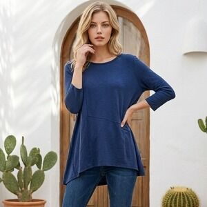 Zenergy by Chicos 1‎ Navy Blue Asymmetrical Seam Tunic Top Grommet Sleeve Medium